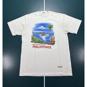 Vintage Philippines Dibuho Hand Painted T Shirt Mens XL Taal Volcano Graphic 90s